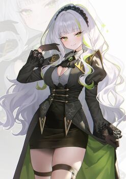 Rule 34 | 1girl, adelie cat, ascot, black ascot, black gloves, black hairband, black thighhighs, breasts, cleavage, closed mouth, commentary request, cowboy shot, firenze (stella sora), gloves, green eyes, grey hair, hairband, highres, juliet sleeves, lace hairband, long hair, long sleeves, looking at viewer, multicolored hair, puffy sleeves, simple background, smile, solo, stella sora, streaked hair, thighhighs, white background, zoom layer