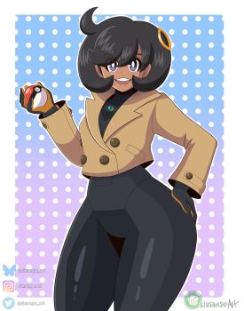 1girl black_hair bodysuit dark-skinned_female dark_skin emma_(pokemon) gloves hand_on_own_hip jacket long_sleeves nintendo poke_ball pokemon pokemon_legends:_z-a purple_eyes short_hair simango teeth upper_teeth_only wide_hips