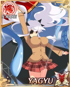 :| black_cape breasts brown_jacket cape closed_mouth eyepatch game_cg holding holding_umbrella jacket large_breasts long_hair looking_at_viewer non-web_source official_alternate_costume official_art oil-paper_umbrella plaid_clothes plaid_skirt red_eyes red_skirt senran_kagura senran_kagura_new_wave shirt shuriken shuriken_hair_ornament skirt squid tentacles twintails umbrella weapon white_hair white_shirt yagyu_(senran_kagura)