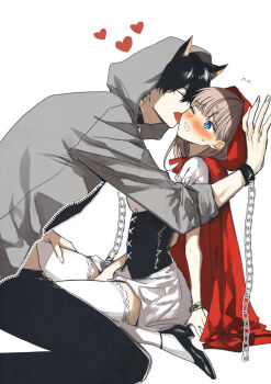 1boy 1girl against_wall big_bad_wolf big_bad_wolf_(cosplay) blue_eyes blush brown_hair chain chain_leash collar commentary_request corset cosplay cuffs fdn_fdo grey_jacket hetero hood hood_up jacket leash licking licking_another's_face little_red_riding_hood_(fairy_tale) little_red_riding_hood_(fairy_tale_character)_(cosplay) little_red_riding_hood_(fairy_tale_character) long_hair looking_at_another loving_aura one_eye_closed original shackles simple_background sitting thighhighs white_background white_thighhighs wolf wolf_boy