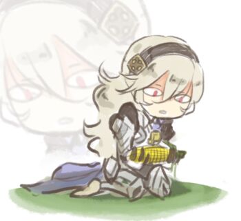 1girl black_hairband cape confused corn female_corrin_(fire_emblem) female_focus fire_emblem fire_emblem_fates grey_hair hairband kneeling lithety long_hair lowres nintendo no_shoes open_mouth pun red_eyes solo