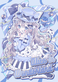 1girl absurdres ace_(playing_card) ace_of_clubs alice&#039;s_adventures_in_wonderland animal_ears apron black_bow black_nails black_shoes black_skirt blue_background blue_dress blue_eyes blue_hat blue_nails blue_ribbon blush bow brown_hair card checkerboard_cookie club_(shape) commentary_request cookie donut dress drop_shadow english_text fake_animal_ears food four_of_diamonds full_body hair_rings hands_on_own_face hat highres long_hair long_sleeves looking_at_viewer nail_polish original outline pantyhose playing_card puffy_sleeves ribbon sango_(35sangosan) shoes simple_background skirt string_of_flags striped_clothes striped_skirt tenshi_kaiwai two_of_spades vertical-striped_clothes vertical-striped_skirt very_long_hair white_apron white_pantyhose white_skirt