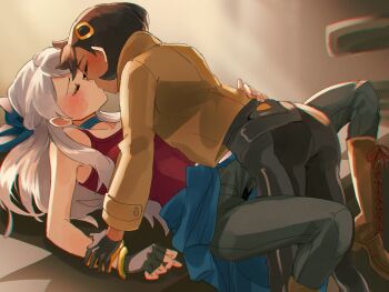 2girls ass bangle black_bodysuit black_gloves black_hair black_pants blue_bow blue_choker blush bodysuit bodysuit_under_clothes boots bow bracelet breasts brown_boots brown_jacket choker closed_eyes commentary commission crossover dark-skinned_female dark_skin emma_(pokemon) english_commentary fingerless_gloves fire_emblem fire_emblem:_radiant_dawn full_body fusenryo gloves gold_bangle hair_ornament hand_on_another's_arm hand_on_another's_hip highres jacket jewelry kiss knee_boots long_hair long_sleeves micaiah_(fire_emblem) multiple_girls nintendo pants pokemon pokemon_legends:_z-a red_tank_top second-party_source short_hair small_breasts smile tank_top white_hair yuri
