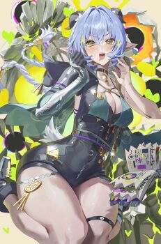 1girl black_boots black_gloves blue_hair boots breasts cleavage commentary drooling gloves hair_between_eyes hands_up highres horns looking_at_viewer lucia_elowen mole netural open_mouth pointy_ears smile solo symbol-only_commentary tail teeth thigh_strap thighs tongue upper_teeth_only v-shaped_eyebrows yellow_eyes zenless_zone_zero