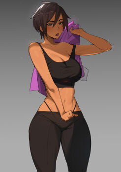 1girl bare_arms bare_shoulders black_hair black_leggings black_panties black_sports_bra blush breasts brown_eyes cleavage collarbone crop_top dark-skinned_female dark_skin dispatch dr_octojuice grey_background hair_between_eyes highleg highleg_panties highres holding holding_jacket holding_unworn_clothes invisigal_(dispatch) jacket large_breasts leggings looking_at_viewer midriff navel panties panties_visible_through_clothes parted_lips pink_jacket short_hair simple_background solo sports_bra stomach strap_slip toned toned_female underwear unworn_jacket