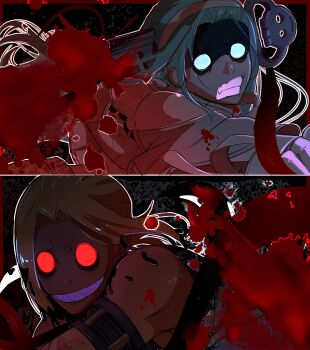 1boy 1girl a.b.a absurdres aqua_hair bare_shoulders blonde_hair blood cattedawn clenched_teeth commentary dark-skinned_male dark_skin english_commentary evil_grin evil_smile grin guilty_gear guilty_gear_strive hairband highres key_in_head long_hair object_through_head paracelsus_(guilty_gear) sharp_teeth short_hair smile solid_circle_eyes split_screen teeth variant_set white_hairband