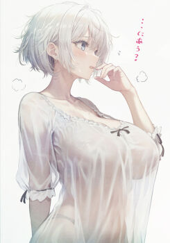 1girl arm_behind_back blue_eyes breasts commentary_request huge_breasts kurono_mitsuki nightgown open_mouth original panties see-through_clothes short_hair solo translated underwear white_hair
