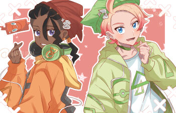 2boys :d ahoge alternate_costume blonde_hair blue_eyes choker collarbone commentary_request dark-skinned_male dark_skin earclip finger_heart gen_4_pokemon green_choker green_hat green_hoodie hat headphones highres hood hood_down hoodie jacket long_hair looking_at_viewer loose_hair_strand lower_teeth_only male_focus multiple_boys naveen_(pokemon) nintendo open_mouth orange_jacket outline pokemon pokemon_legends:_z-a print_shirt rotom rotom_phone shirt smile teeth tutanai twitter_username urbain_(pokemon) watermark white_shirt zipper_pull_tab