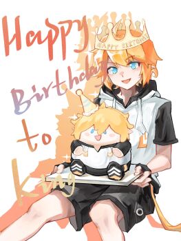 Rule 34 | 1boy, ahoge, aotu world, belt, birthday, birthday cake, black gloves, black shorts, blonde hair, blue eyes, cake, character cake, character doll, character name, chinese commentary, colored shadow, crown, doll, drawstring, english text, feet out of frame, fingerless gloves, food, gloves, happy birthday, hat, highres, holding, holding plate, hood, hood down, hoodie, king (aotu world), looking at viewer, male focus, multicolored hoodie, open mouth, party hat, plate, pointy ears, shadow, shengyu66216, short hair, short sleeves, shorts, sitting, smile, solo, sparkle, white background, white hoodie, yellow belt