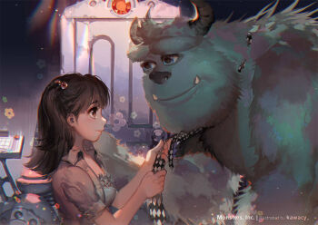 1girl adjusting_another's_clothes adjusting_clothes adjusting_necktie aged_up black_hair blue_eyes boo_(monsters_inc.) commentary dressing_another hair_bobbles hair_ornament horns james_p._sullivan kawacy long_hair monster monsters_inc. necktie red_eyes smile tusks