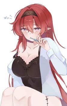 1010_(wuthering1010) 1girl absurdres alternate_breast_size_(larger) alternate_costume black_camisole black_hairband blush breasts camisole circle_facial_mark cleavage collarbone hair_between_eyes hair_down hairband highres holding holding_toothbrush large_breasts looking_at_viewer mark_under_both_eyes open_clothes open_shirt pointy_ears purple_eyes red_hair shirt sidelocks sitting solo strap_slip tacet_mark_(wuthering_waves) toothbrush toothbrush_in_mouth white_shirt wuthering_waves yinlin_(wuthering_waves)