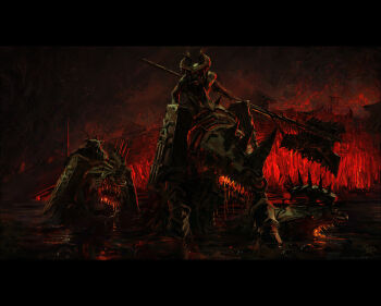 axe battle_axe bloodletter chaos_(warhammer) commentary demon glowing hell holding holding_polearm holding_weapon horns horseback_riding khorne_(symbol) polearm riding shadow sign_of_khorne tibz-ollier warhammer_fantasy weapon