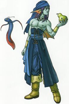 Rule 34 | 1boy, 1other, absurdres, aqua skin, back fin, bandana, blue bandana, blue pants, blue sash, boots, bracer, colored skin, creature request, dragon quest, dragon quest x, fins, fish, fish boy, food, fruit, full body, gold bracer, head fins, hero (dq10), highres, holding, holding food, holding fruit, jewelry, long hair, looking to the side, male focus, muscular, muscular male, necklace, nipples, official art, pants, parted lips, pear, purple eyes, purple hair, sash, scan, solo, third-party source, topless male, toriyama akira, weddie (dq10), yellow boots