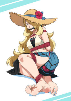 1girl absurdres arms_behind_back blonde_hair bound breasts cleave_gag cloth_gag cynthia_(pokemon) cynthia_(summer_2025)_(pokemon) flower foot_focus gag gagged hat hat_flower highres improvised_gag legs long_hair lost_one_zero nail_polish nintendo pokemon pokemon_masters_ex sarong toenail_polish toenails