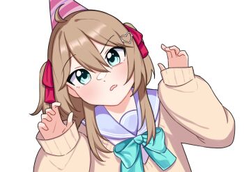 1girl ahoge aqua_bow aqua_bowtie arms_up blue_eyes blue_sailor_collar bow bowtie brown_hair cardigan commentary english_commentary fashaeli hair_between_eyes hair_ornament hair_ribbon hat heart heart_hair_ornament highres long_hair long_sleeves neuro-sama parted_lips party_hat red_ribbon ribbon sailor_collar simple_background solo upper_body vedal_ai virtual_youtuber white_background yellow_cardigan