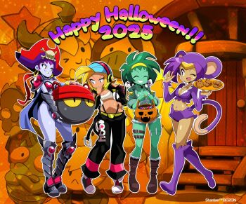 4girls animal_ears armor armored_boots baggy_pants bandana belt bikini_armor blonde_hair blue_eyes boots breasts cape cleavage closed_eyes colored_skin cookie crop_top cropped_jacket dark-skinned_female dark_skin earrings food gauntlets green_hair green_skin hairband halloween hand_on_own_chin hat holding holding_plate hoop_earrings jewelry long_hair matt_bozon medium_breasts midriff monkey_ears monkey_tail multiple_girls navel one_eye_closed open_mouth pants pirate_hat plate purple_hair purple_skin red_eyes risky_boots rottytops shantae shantae_(series) short_hair short_shorts shorts skull_earrings sky_(shantae) smile tail thigh_belt thigh_strap yellow_hairband zombie