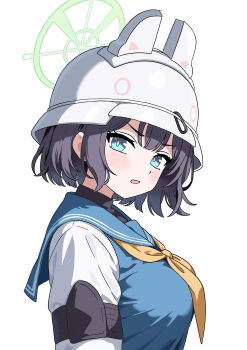 1girl absurdres blue_archive blue_eyes blue_sailor_collar blue_shirt blush combat_helmet green_halo gubee halo helmet highres looking_at_viewer neckerchief open_mouth purple_eyes sailor_collar saki_(blue_archive) shirt short_hair solo upper_body white_sleeves yellow_neckerchief