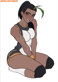 1girl antenna_hair bare_shoulders between_legs black_eyeshadow black_hair black_shorts blush breasts covered_collarbone dark-skinned_female dark_skin eyelashes eyeshadow freckles full_body green_streaks hand_between_legs highres lips looking_at_viewer makeup medium_breasts nemona_(pokemon) nintendo nose parted_lips patreon_username pokemon pokemon_sv ponytail seiza shirt shorts simple_background sitting smile socks solo stopu tank_top teeth white_background white_shirt white_socks white_tank_top yellow_eyes