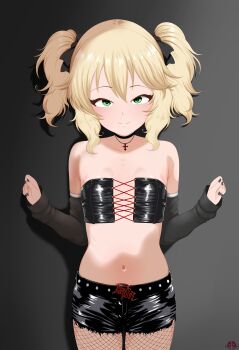 1girl bare_shoulders black_background black_bow black_choker black_nails black_shorts black_sleeves blonde_hair blush bow breasts choker closed_mouth collarbone cowboy_shot cross cross-laced_clothes detached_sleeves fishnet_pantyhose fishnets flat_chest green_eyes grey_background hair_between_eyes hair_bow hands_up idolmaster idolmaster_cinderella_girls jewelry loli long_sleeves looking_at_viewer midriff mrhunking nail_polish navel necklace pantyhose sakurai_momoka shadow short_hair short_shorts shorts sidelocks simple_background small_breasts smile solo standing stomach strapless twintails