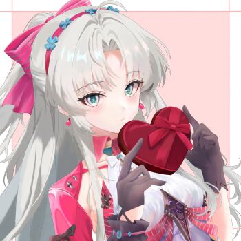 Rule 34 | 1girl, ahoge, amone wuwa, aqua eyes, black gloves, bow, box, breasts, carlotta (wuthering waves), closed mouth, commentary, earrings, gloves, grey hair, hair bow, hairband, heart-shaped box, highres, holding, holding box, jacket, jewelry, light blush, long hair, looking at viewer, parted bangs, pink bow, pink hairband, pink jacket, small breasts, smile, solo, untranslatable commentary, upper body, wuthering waves