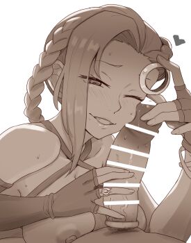 1boy 1girl assertive_female bar_censor braid breasts censored cock_ring commentary_request erection eyelashes greyscale heart heidne_(octopath_traveler) hetero highres holding holding_jewelry holding_ring jewelry large_breasts monochrome nipples octopath_traveler octopath_traveler:_champions_of_the_continent octopath_traveler_0 okitaima one_eye_closed penis ring sex_toy smile sweat veins veiny_penis white_background