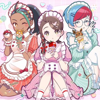 3girls :o alternate_costume apple apron aqua_dress black_hair blush character-themed_food dark-skinned_female dark_skin detached_collar detached_sleeves dress eevee enmaided food freckles frilled_apron frilled_wrist_cuffs frills fruit full_body gen_1_pokemon glasses green_hair green_nails gyakutenndokei2 hair_ornament hairclip hand_up hands_up heart highres holding holding_ice_cream_cone holding_poke_ball ice_cream ice_cream_cone juliana_(pokemon) kneeling knees_up looking_at_viewer maid maid_apron maid_headdress multicolored_hair multiple_girls nail_polish nemona_(pokemon) nintendo one_eye_closed orange_dress parted_lips pawmot penny_(pokemon) pink_dress pink_nails poke_ball poke_ball_(basic) pokemon pokemon_sv ponytail puffy_short_sleeves puffy_sleeves round_eyewear short_sleeves sitting smile sparkling_eyes streaked_hair thighhighs two-tone_hair waitress white_thighhighs wrist_cuffs
