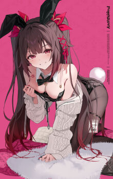 1girl alternate_costume bare_shoulders black_bow black_bowtie black_leotard black_pantyhose bow bowtie detached_collar highres honkai:_star_rail honkai_(series) leotard long_hair long_sleeves looking_at_viewer loose_bowtie mark_under_both_eyes motto_(night_wear) pantyhose parted_lips pink_background playboy_bunny simple_background smile sparkle_(honkai:_star_rail) twintails very_long_hair