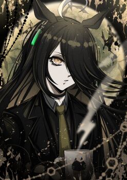 1girl ahoge animal_ears animal_print black_coat black_hair black_shirt cat_print coat collared_shirt contrast_collar cup ear_ornament ear_tag earrings hair_over_one_eye hand_up highres holding holding_cup horse_ears horse_girl jewelry long_bangs long_hair long_sleeves manhattan_cafe_(umamusume) mug multicolored_hair parted_lips quaint_uplet shirt single_earring solo steam steaming_cup umamusume variant_set very_long_hair white_hair yellow_eyes