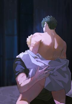 Rule 34 | ass, back, bakugou katsuki, boku no hero academia, bukopi314, clothes pull, hug, inminent sex, legs, midoriya izuku, night, nude, scar, sex, shirt pull, sititng, yaoi