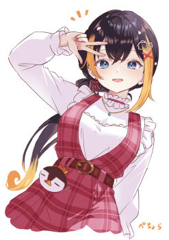 Rule 34 | 1girl, absurdres, arm up, black hair, blonde hair, blue eyes, breasts, cagasyo, character name, commentary, cropped legs, crossed bangs, dress, dutch angle, earrings, fish hair ornament, gyaru w, hair between eyes, hair ornament, hashtag-only commentary, highres, jewelry, long hair, long sleeves, looking at viewer, multicolored hair, nijisanji, nijisanji en, notice lines, official alternate costume, official alternate hair length, official alternate hairstyle, open mouth, pentomo (petra gurin), petra gurin, petra gurin (spring casual), plaid clothes, plaid dress, simple background, single earring, smile, solo, streaked hair, symbol-only commentary, virtual youtuber, w, white background, x hair ornament