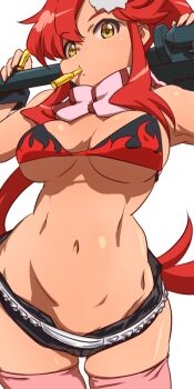 1girl anti-materiel_rifle aonori_misuji armpits bare_shoulders belt bikini bikini_top_only breasts bullet bullet_in_mouth commentary_request cowboy_shot flame_print gun hair_ornament high_ponytail holding holding_bullet holding_gun holding_weapon large_breasts long_hair looking_at_viewer no_shirt pink_scarf pink_thighhighs ponytail red_hair rifle scarf short_shorts shorts skindentation skull_hair_ornament sniper_rifle solo studded_belt swimsuit tengen_toppa_gurren_lagann thighhighs underboob weapon yellow_eyes yoko_littner
