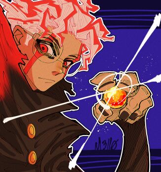 1boy absurdres artist_name ball black_jacket black_nails blue_background closed_mouth dandadan facial_mark gakuran glasses gold_buttons highres holding holding_ball jacket looking_at_viewer m3ll0_cm male_focus multicolored_hair nail_polish parted_bangs red_eyes red_hair round_eyewear school_uniform solo streaked_hair takakura_ken_(dandadan) takakura_ken_(transformed)_(dandadan) upper_body wavy_hair white_hair