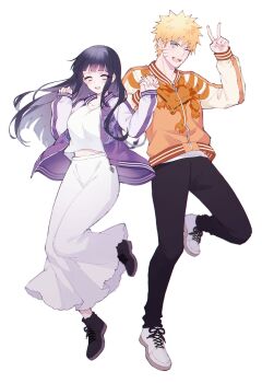 Rule 34 | 1boy, 1girl, alternate costume, black hair, black pants, black shoes, blonde hair, blue eyes, blunt bangs, blunt ends, breasts, couple, facial mark, full body, grey eyes, hair between eyes, hetero, highres, hime cut, holding hands, hyuuga hinata, interlocked fingers, jacket, kitsune, kyuubi, large breasts, letterman jacket, long hair, long skirt, midriff peek, multiple tails, naruto (series), naruto shippuuden, no pupils, one eye closed, open mouth, orange jacket, pants, parted lips, purple jacket, shirt, shoes, short hair, sidelocks, skirt, smile, sneakers, spiked hair, tail, ting, uzumaki naruto, v, whisker markings, white background, white shirt, white shoes, white skirt