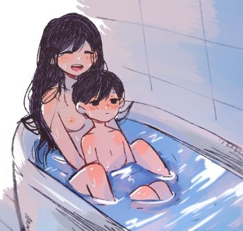 1boy 1girl age_difference bathing bathroom bathtub black_hair blank_stare blush breasts brother_and_sister closed_eyes closed_mouth completely_nude highres incest knees_up kokomi_(aniesuakkaman) little_brother long_hair mari_(omori) mixed-sex_bathing nipples nude older_sister omori onee-shota open_mouth partially_submerged shared_bathing shota siblings small_breasts smile source_request sunny_(omori) teeth upper_teeth_only water wet