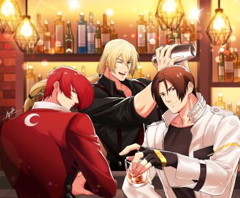 absurdres alcohol apollo_(pixiv884782) bar_(place) bartender blonde_hair blue_eyes bottle brown_eyes brown_hair cocktail cocktail_glass cocktail_shaker counter cup curtained_hair drinking_glass fingerless_gloves gloves hair_over_one_eye highres holding indoors jacket kusanagi_kyou leather leather_jacket liquor long_hair looking_at_viewer male_focus multiple_boys open_mouth ponytail red_hair shelf shirt short_hair sitting smile snk terry_bogard the_king_of_fighters the_king_of_fighters_for_girls whiskey wine_bottle wine_glass yagami_iori