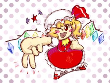 1girl ;d animated animated_gif ascot bat_wings blonde_hair blush_stickers commentary commission english_commentary fang flandre_scarlet frilled_skirt frills full_body hair_over_one_eye hat heart mary_janes mob_cap multicolored_wings olistar255 one_eye_closed open_mouth outstretched_arm puffy_short_sleeves puffy_sleeves red_eyes red_ribbon red_skirt red_vest ribbon ribbon-trimmed_headwear ribbon_trim shirt shoes short_sleeves siki_(purple_software) simple_background skirt skirt_set smile solid_oval_eyes solo star_(symbol) touhou vest white_background white_hat white_shirt wings yellow_ascot