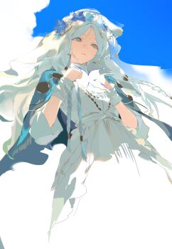 1girl blue_cape blue_eyes braid cape cowboy_shot elden_ring elden_ring_nightreign flower_wreath hands_up head_wreath highres long_hair low_twin_braids outdoors revenant_(elden_ring) robe sky solo standing twin_braids veil white_hair white_robe wp0277