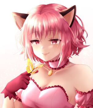 1girl animal_ears bare_shoulders breasts bug butterfly cat_ears cat_girl choker cleavage closed_mouth collarbone commentary_request dress highres insect large_breasts light_blush mew_ichigo momomiya_ichigo pink_choker pink_dress pink_eyes pink_hair smile solo strapless strapless_dress tasikyu tokyo_mew_mew upper_body yellow_butterfly