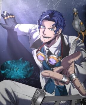 1boy blue_eyes chalk chalkboard excited formal_clothes glasses gloves highres japanese_text jewelry looking_at_viewer male_focus multicolored_hair necktie nikola_tesla_(shuumatsu_no_valkyrie) non-humanoid_robot pointing pointing_at_viewer ring robot robot_animal shuumatsu_no_valkyrie smile solo suit talking