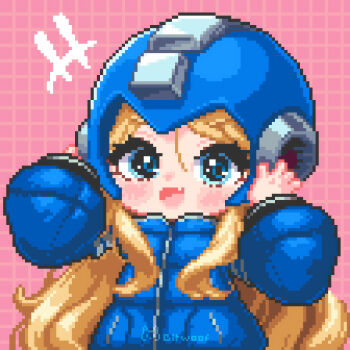 1girl :d artist_name blonde_hair blue_coat blue_eyes blush coat commentary diana_(pragmata) english_commentary fang grid_background hands_up helmet long_hair long_sleeves looking_at_viewer mega_man_(character) mega_man_(series) open_mouth padded_coat pink_background pixel_art pixellquests pragmata puffy_coat puffy_long_sleeves puffy_sleeves skin_fang smile solo upper_body very_long_hair