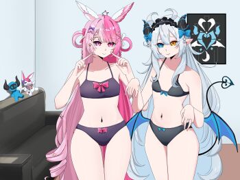 2girls akugaki_koa animal_ears belly blue_eyes blue_hair bow bra breasts chromashift closed_mouth commission couch demon_girl demon_horns demon_tail hair_bow hair_ribbon heterochromia highres horns indoors lalabell_lullaby long_hair looking_at_viewer multiple_girls navel panties pink_eyes pink_hair rabbit_ears ribbon small_breasts stuffed_toy tail underwear underwear_only very_long_hair virtual_youtuber yellow_eyes