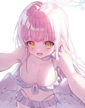 Rule 34 | 1girl, absurdres, angel wings, bikini, blue archive, blush, breasts, cleavage, collarbone, commentary request, feathered wings, frilled bikini, frills, halo, hand on own thigh, highres, large breasts, leaning forward, long hair, looking at viewer, lovelykirby 125, low wings, mika (blue archive), mika (swimsuit) (blue archive), official alternate costume, official alternate hairstyle, open mouth, pink hair, pink halo, simple background, smile, solo, swimsuit, very long hair, white background, white bikini, white wings, wings, yellow eyes