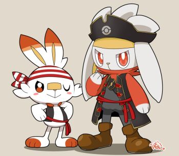 blush_stickers boots brown_eyes brown_footwear closed_mouth clothed_pokemon commentary gen_8_pokemon hat hinako_iroiro looking_at_viewer nintendo one_eye_closed pirate_costume pirate_hat pokemon pokemon_(creature) raboot sash scorbunny smile standing symbol-only_commentary toes vest