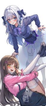 Rule 34 | 2girls, absurdres, adina savic, bent over, black shoes, black skirt, black survival, blue eyes, blue shirt, blue skirt, blush, bow, bowtie, breasts, brown hair, center frills, collared shirt, eternal return: black survival, frilled shirt, frilled skirt, frills, from side, green eyes, gweon sua, gyogyog, hair bow, hair ornament, hairclip, highres, hugging own legs, jirai kei, kneehighs, large breasts, legs up, long hair, long sleeves, looking at viewer, looking to the side, mask, mask pull, medium breasts, mouth mask, multiple girls, open mouth, pink shirt, pleated skirt, reclining, shirt, shoes, skirt, smile, socks, standing, suspenders, symbol-shaped pupils, thigh strap, thighhighs, through wall, two side up, very long hair, white hair, white thighhighs