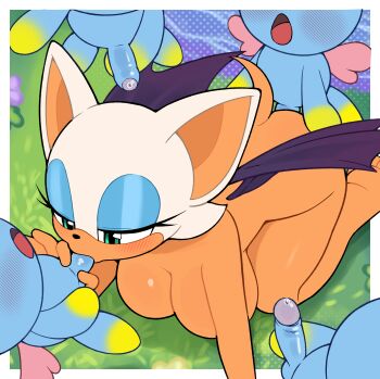 1girl 4boys all_fours bat_girl bat_wings blue_eyeshadow breasts chao_(sonic) commentary completely_nude doggystyle english_commentary erection eyeshadow fellatio furry furry_female gangbang gato_del_futuro green_eyes group_sex highres interspecies large_breasts makeup multiple_boys nude oral penis penis_grab rouge_the_bat sex_from_behind smile sonic_(series) uncensored wings