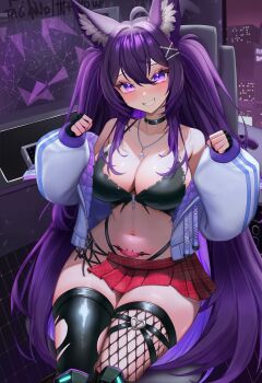 1girl absurdres animal_ear_fluff animal_ears asymmetrical_legwear black_choker black_gloves black_thighhighs blue_nails blush breasts character_request choker commission copyright_request fingerless_gloves fishnet_thighhighs fishnets gloves hair_between_eyes heart heart_in_eye heart_o-ring highres jewelry kalmialune long_hair miniskirt mismatched_legwear mole mole_under_eye navel necklace o-ring plaid_clothes plaid_skirt pubic_tattoo purple_eyes purple_hair red_skirt skirt smile solo stomach symbol_in_eye tattoo thighhighs torn_clothes torn_thighhighs zipper zipper_pull_tab