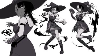 1girl absurdres arm_strap asymmetrical_legwear book boots breasts closed_mouth commentary daydarion dress english_commentary floating floating_object greyscale hat high_heel_boots high_heels highres holding holding_book hololive hololive_english ink large_breasts long_hair looking_at_viewer magic monochrome multicolored_hair multiple_views open_book outstretched_arm outstretched_arms platform_boots shiori_novella shiori_novella_(1st_costume) simple_background single_sock single_thighhigh sleeveless sleeveless_dress smile socks split-color_hair striped_arm_warmers striped_clothes striped_thighhighs thighhighs two-tone_hair uneven_legwear virtual_youtuber witch_hat