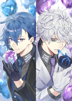 2boys aoyama_kazuki bags_under_eyes balloon birthday black_gloves black_jacket blue_eyes blue_hair box character_name formal_clothes gift gift_box gloves grey_eyes hair_between_eyes hair_over_one_eye heart_balloon jacket looking_at_viewer male_focus multiple_boys otori_ojirou q_(tribe_nine) short_hair shouji6989 split_screen suit tribe_nine upper_body white_gloves white_hair white_jacket