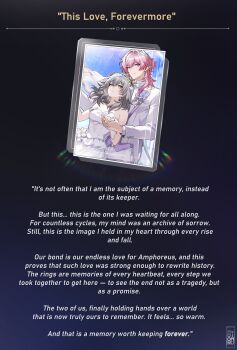 1boy 1girl absurdres alternate_costume armlet artist_name bare_shoulders bow bowtie breasts bridal_veil bride cleavage clothing_cutout collared_shirt commentary couple cowboy_shot cyrene_(honkai:_star_rail) cyrene_(ripples_of_past_reverie)_(honkai:_star_rail) dress dress_flower earrings english_commentary english_text flower formal_clothes front-to-back genderswap genderswap_(ftm) gradient_hair grey_hair groom hair_ornament hand_up heart heart_o-ring hetero highres holding_hands honkai:_star_rail honkai_(series) jacket jewelry light_cone_(honkai:_star_rail) long_hair medium_breasts moonimu_art multicolored_hair necklace o-ring o-ring_thigh_strap pants parted_lips pearl_necklace pink_hair pointy_ears purple_eyes ring shirt stelle_(honkai:_star_rail) strapless strapless_dress suit suit_jacket thigh_strap trailblazer_(honkai:_star_rail) veil very_long_hair wedding_dress wedding_ring white_dress white_jacket white_pants white_shirt wind yellow_eyes