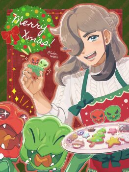 +_+ 1boy apron arven_(holiday_2025)_(pokemon) arven_(pokemon) blue_eyes blush bow brown_hair character-themed_food christmas_wreath closed_eyes cookie fangs food hair_bun hair_over_one_eye highres holding holding_plate long_hair long_sleeves nintendo official_alternate_costume open_mouth plate pokemon pokemon_(creature) pokemon_masters_ex red_apron red_bow runachikku scovillain smile sparkle star_(symbol) sweater symbol-shaped_pupils teeth tongue white_sweater wreath